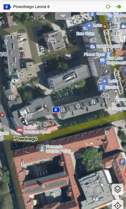 rzut z góry przedstawiający mapę okolicy mieszkania na sprzedaż w Opolu przy ulicy Powolnego