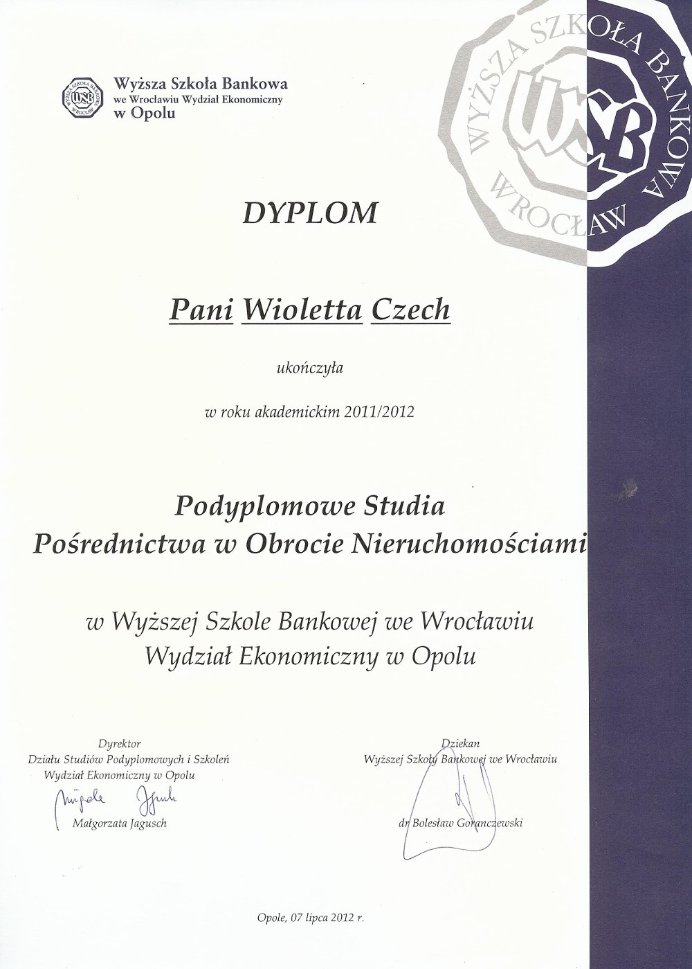 Dyplom studiów podyplomowych WSB — pośrednictwo w obrocie nieruchomościami (Wioletta Czech)