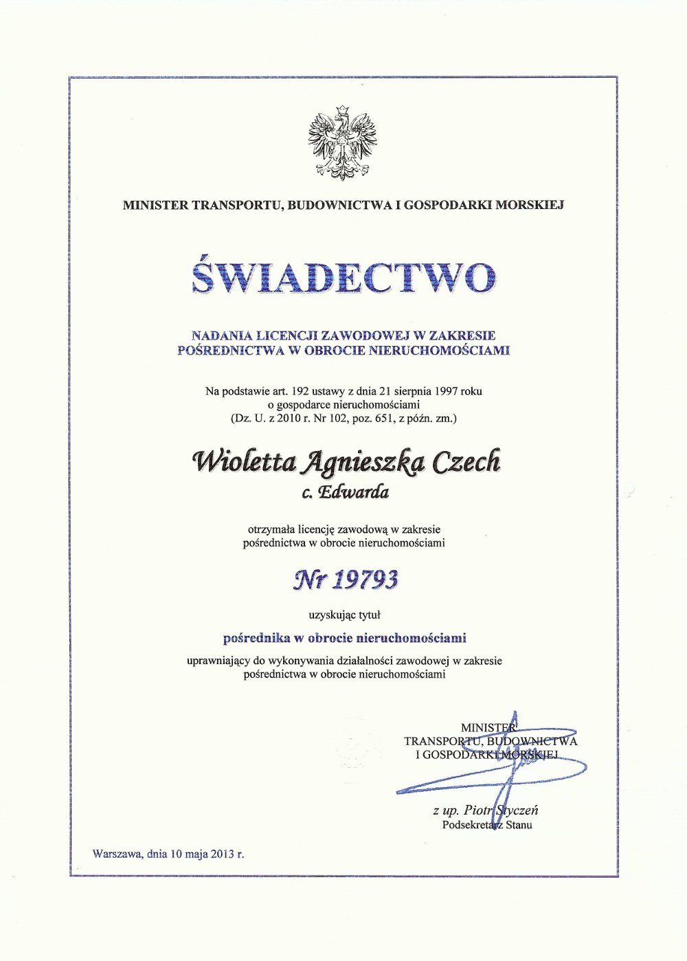 Licencja zawodowa pośrednika nr 19793 — Wioletta Agnieszka Czech