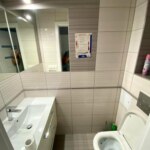 Nowoczesna łazienka z jasnymi płytkami, umywalką i toaletą w mieszkaniu na wynajem w Opolu