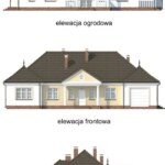 Projekt architektoniczny przedstawiający elewację ogrodową, frontową i boczną parterowego domu jednorodzinnego z dachem wielospadowym